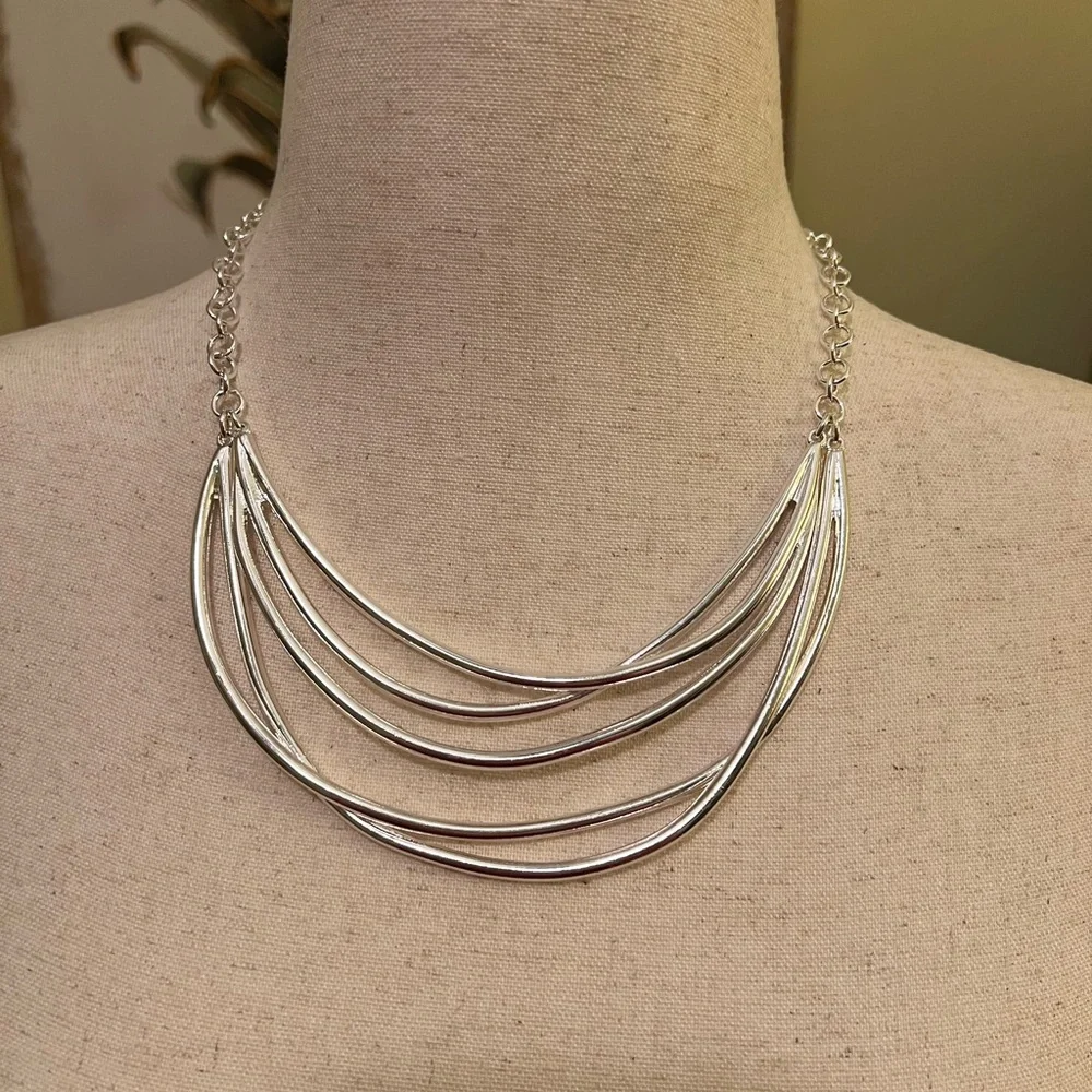 Chico’s Silver Layered Statement Necklace NWOT - Picture 3 of 8